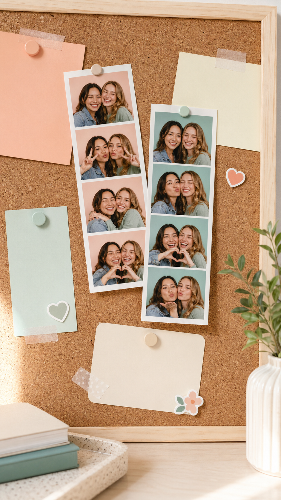 Photobooth prints pinned to a corkboard with pastel note cards in a bright studio setting.